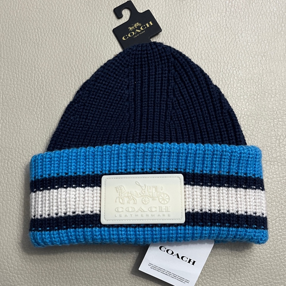 NWT - Coach Adult Ribbed Knit Varsity Stripe Patch Beanie